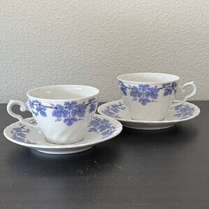 Rheinpfaltz Porcelain Tea Cups & Saucers ~ Blue Grapevine ~ Set of 2